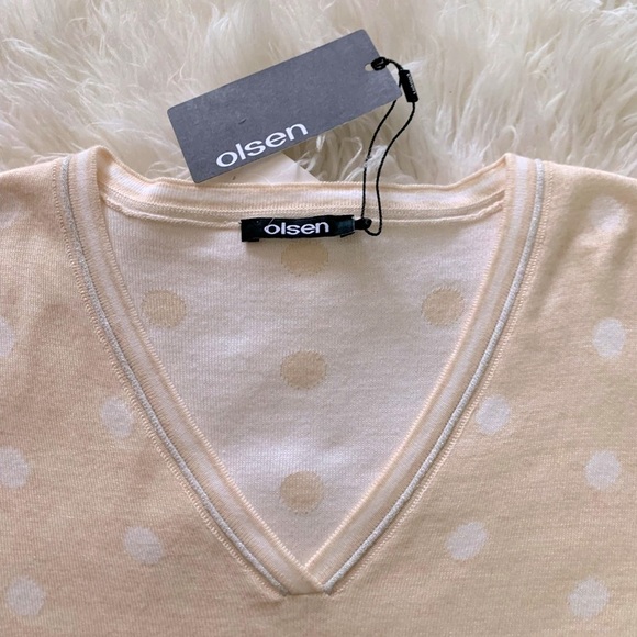NWT Olsen Germany cotton blend V-neck relax fit womens in cream white polkadot - Picture 4 of 10